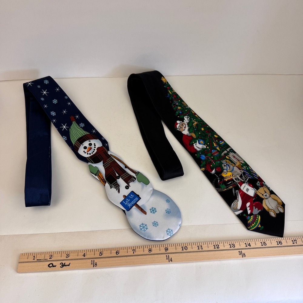 2 Vtg Holiday St Nicks Tie Shop Snowman Shape Santa Christmas Tree Polyester